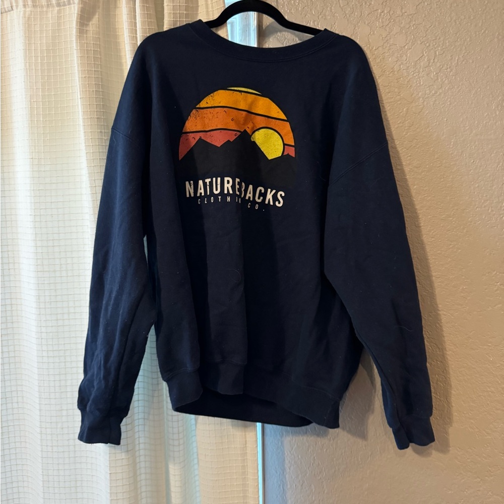 Gildan Blue Crewneck Sweater with Retro Sunset Design
